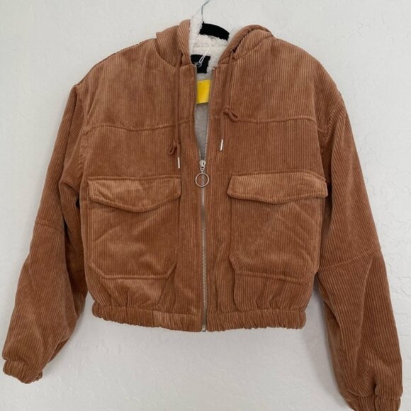 Love Tree Jacket Women Sz Small Cropped Brown Corduroy Sherpa Lining Winter Coat - Picture 1 of 10